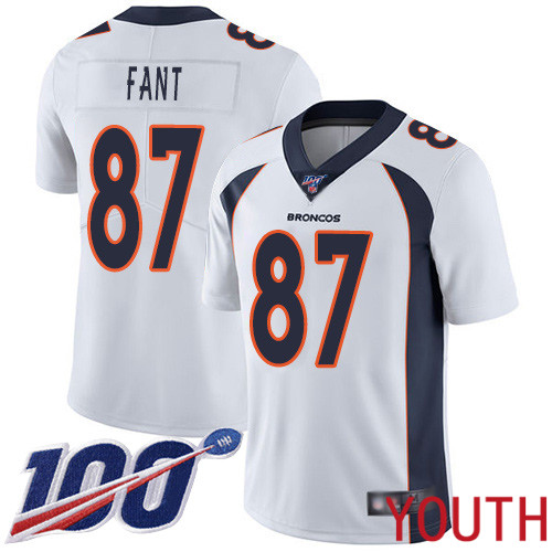 Youth Denver Broncos 87 Noah Fant White Vapor Untouchable Limited Player 100th Season Football NFL Jersey